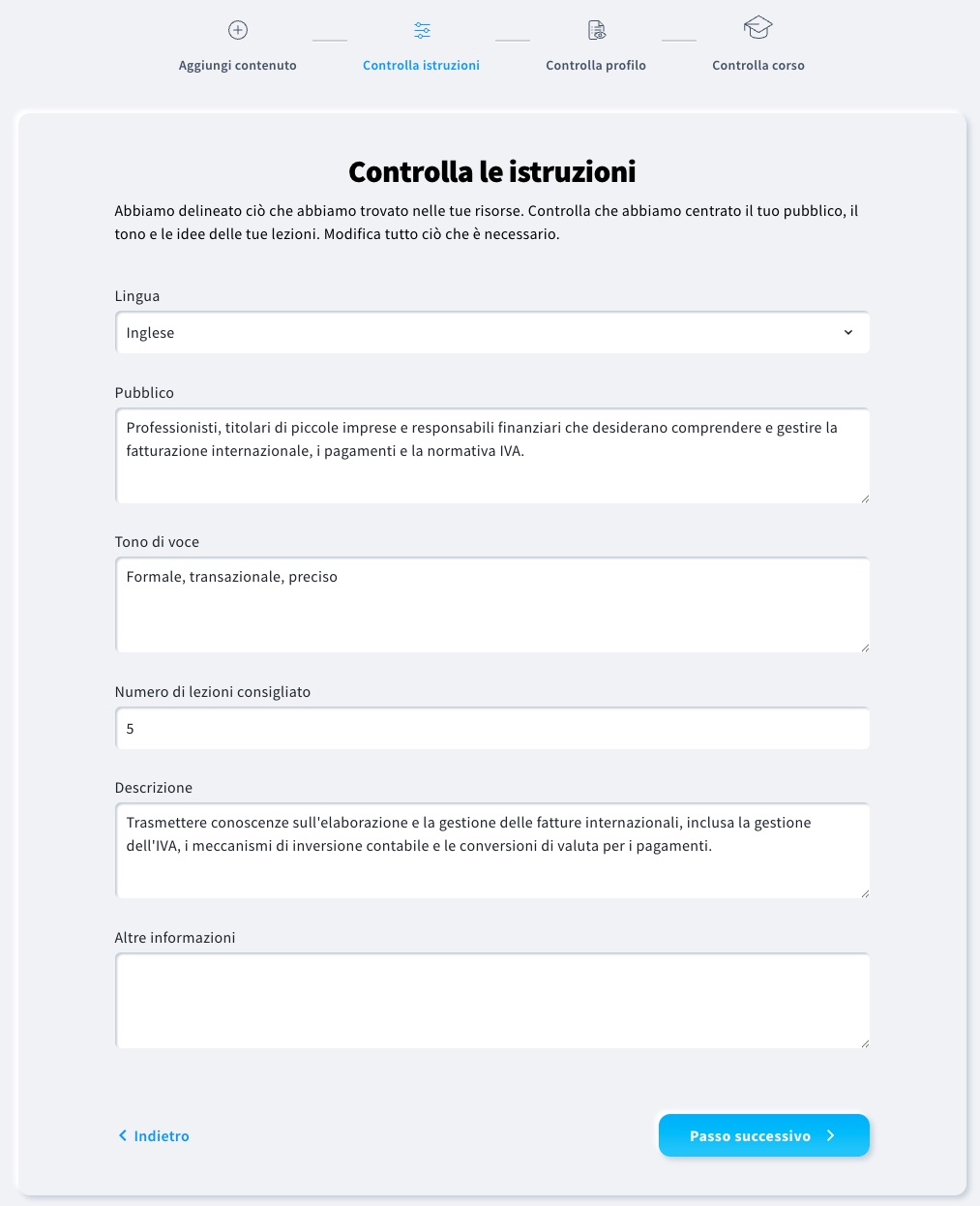 Panoramica della sezione "Verifica brief" nella procedura guidata del corso di intelligenza artificiale.