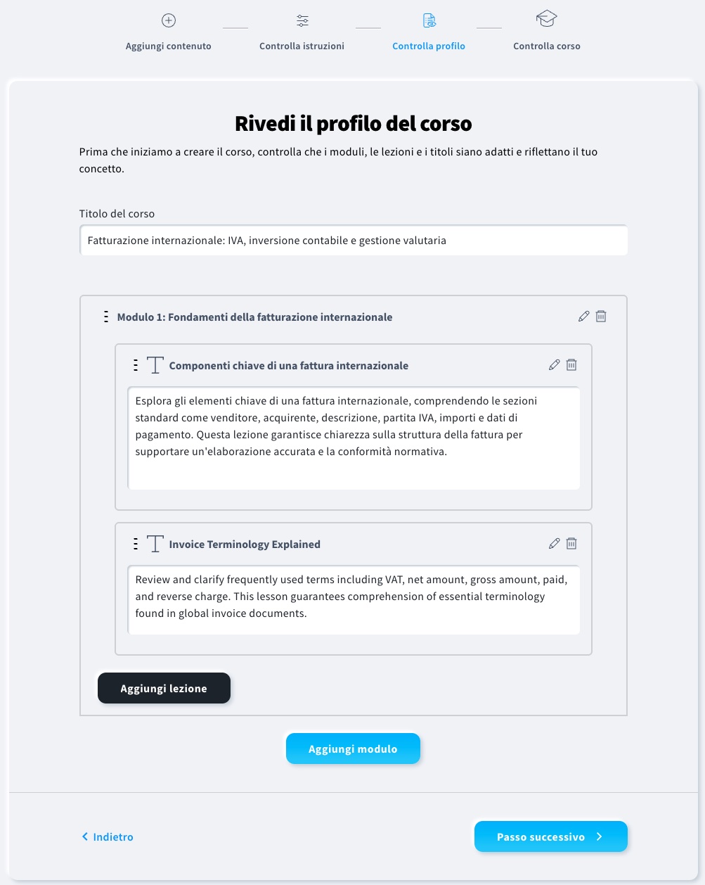 Panoramica della sezione Schema di revisione nella procedura guidata del corso di IA
