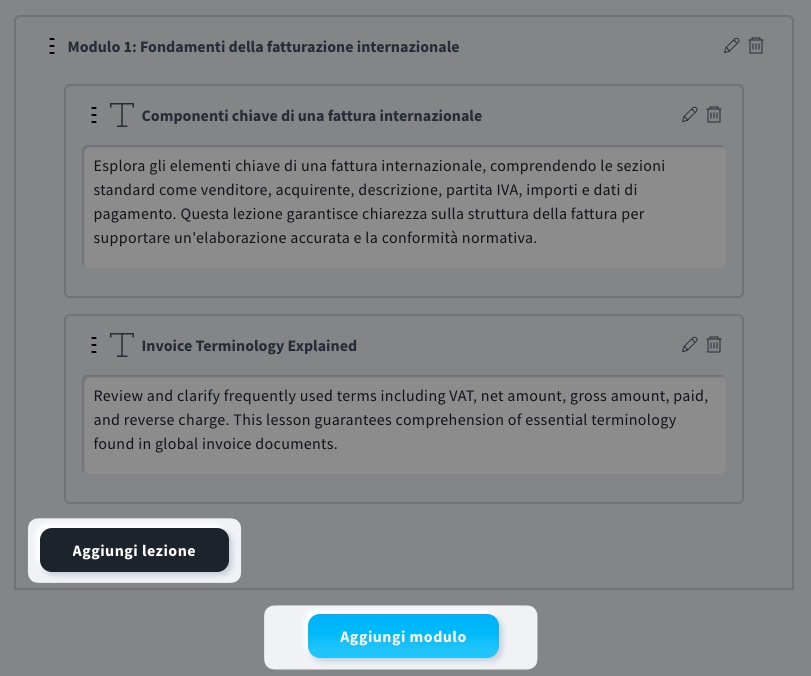 Pulsanti "Aggiungi lezione" e "Aggiungi modulo"
