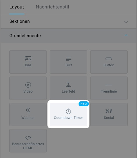 Hervorgehobener Countdown-Timer-Block im Nachrichteneditor

