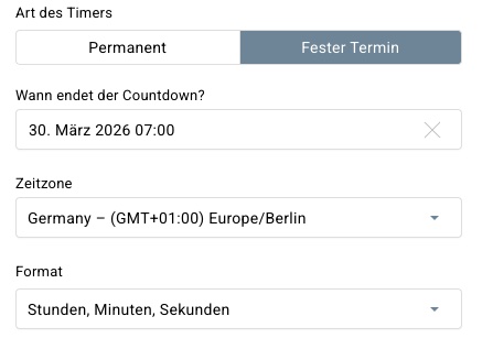 Einstellungen für festes Datum und Timer
