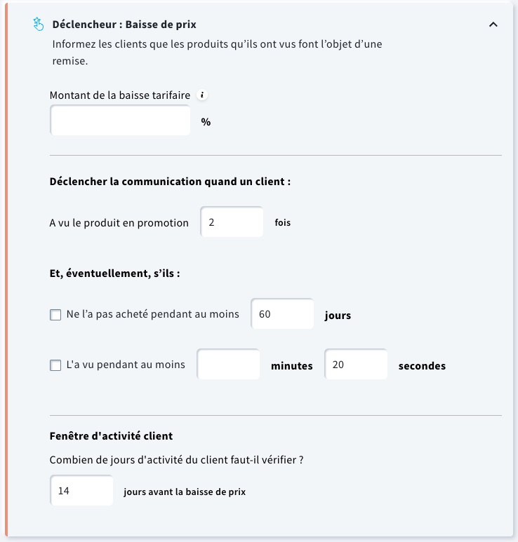 Paramètres de déclenchement de baisse de prix