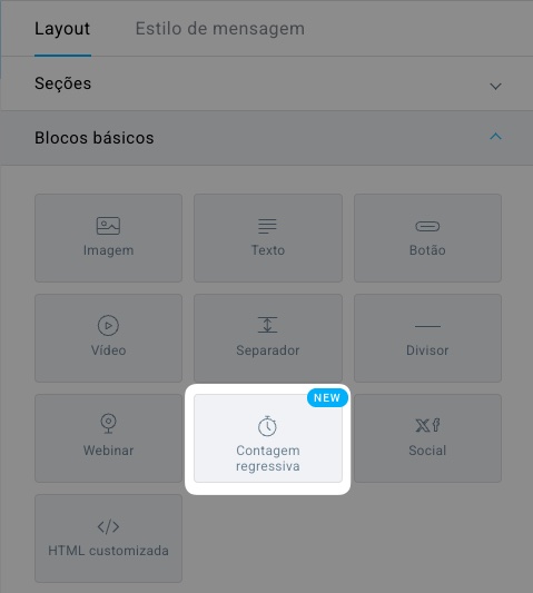 Bloco de contagem decrescente destacado no editor de mensagens