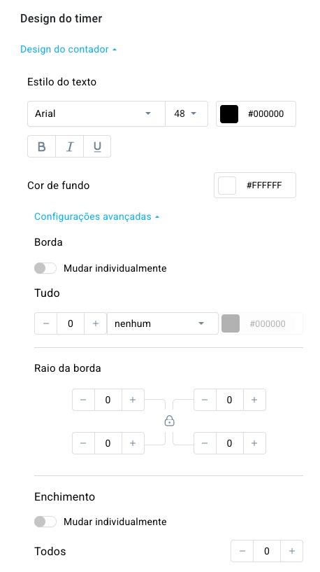 configurações de design do contador