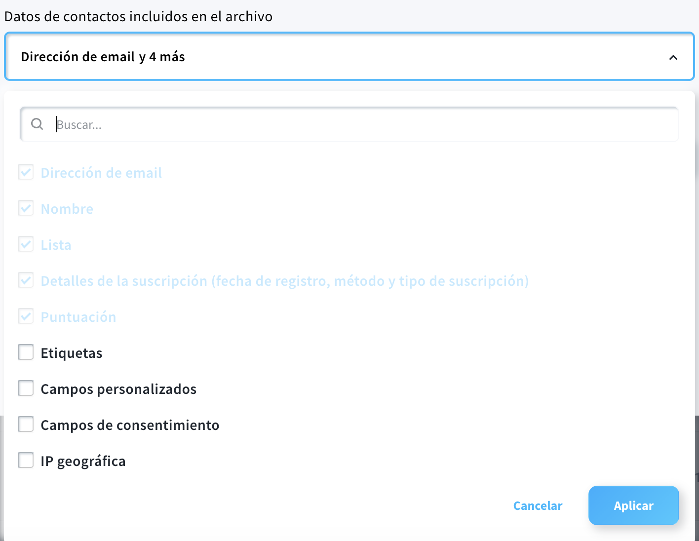 Selección de los campos para exportar.