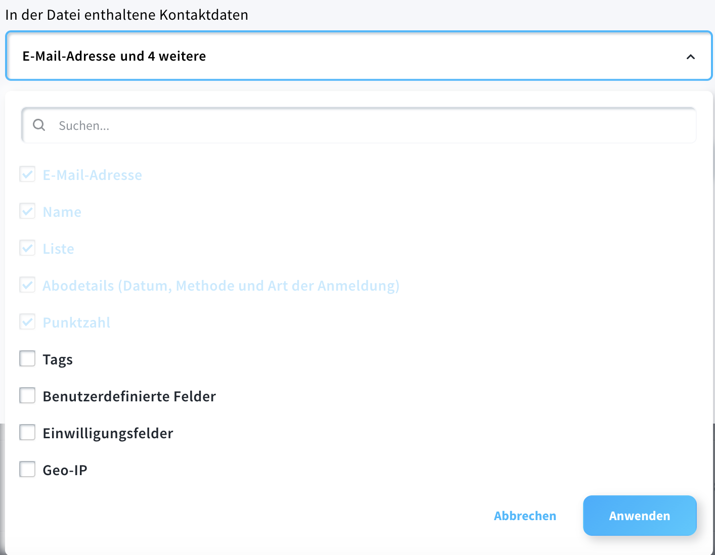 Auswahl der zu exportierenden Felder
