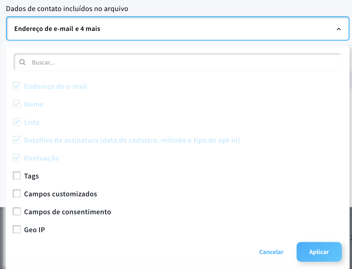 Seleção dos campos para exportação.