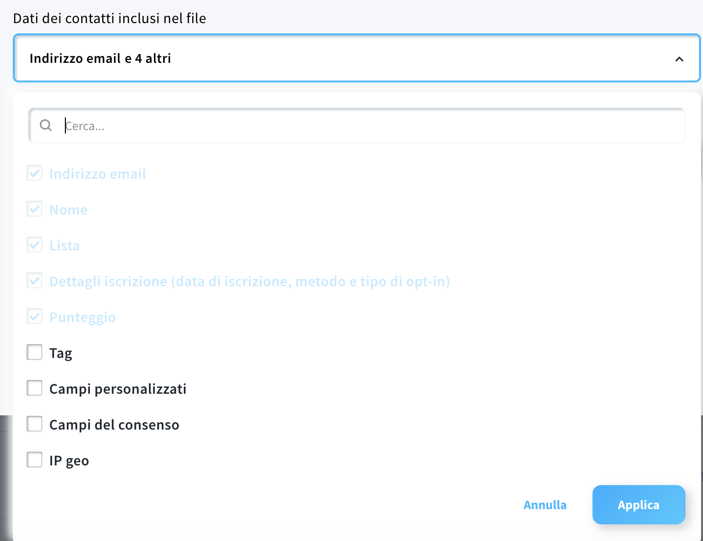 Selezione dei campi da esportare.