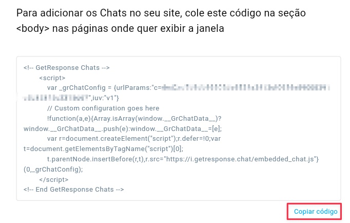 A janela de código do GetResponse Chats e a opção "Copiar código" são apresentadas.

