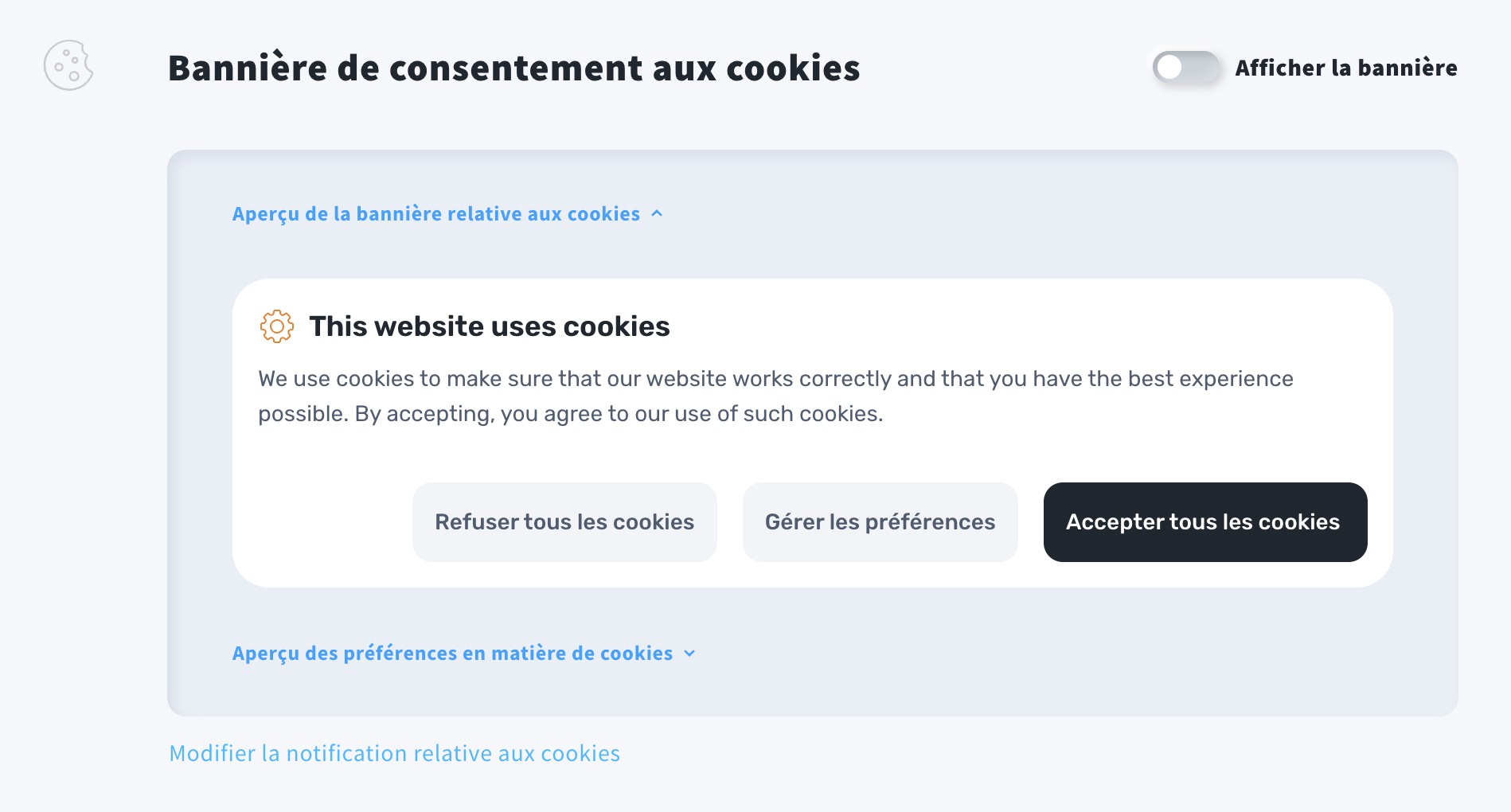 paramètres de la bannière de cookies