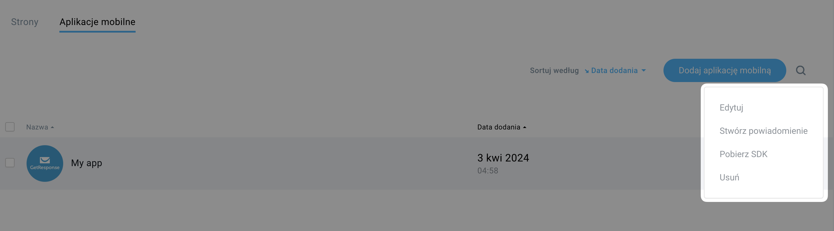 Opcje zarządzania aplikacją mobilną.