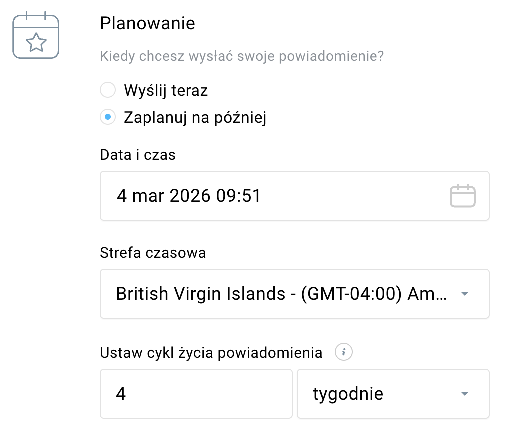 sekcja planowanie powiadomienia.