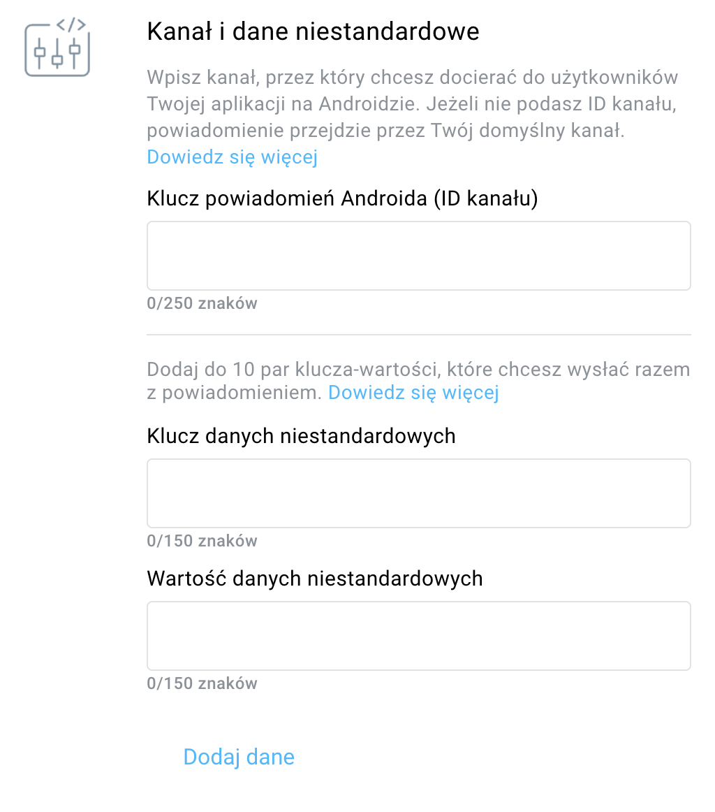 sekcja kanał i dane niestandardowe.