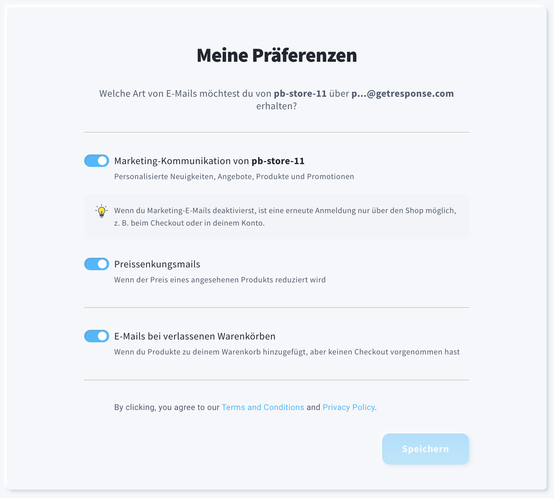 Präferenz‑Center‑Ansicht mit Schiebereglern für den Erhalt von Marketing‑Mitteilungen