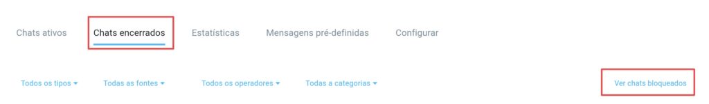 Exibição de conversas terminadas e contactos bloqueados.