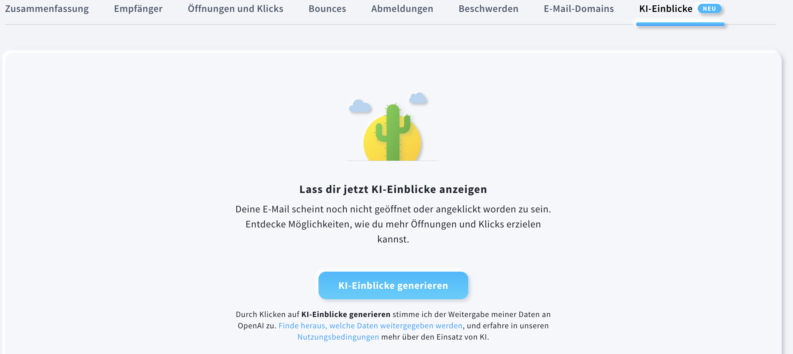 Ansicht des Bildschirms, der angezeigt wird, wenn es noch zu früh ist, um KI‑Einblicke zu generieren