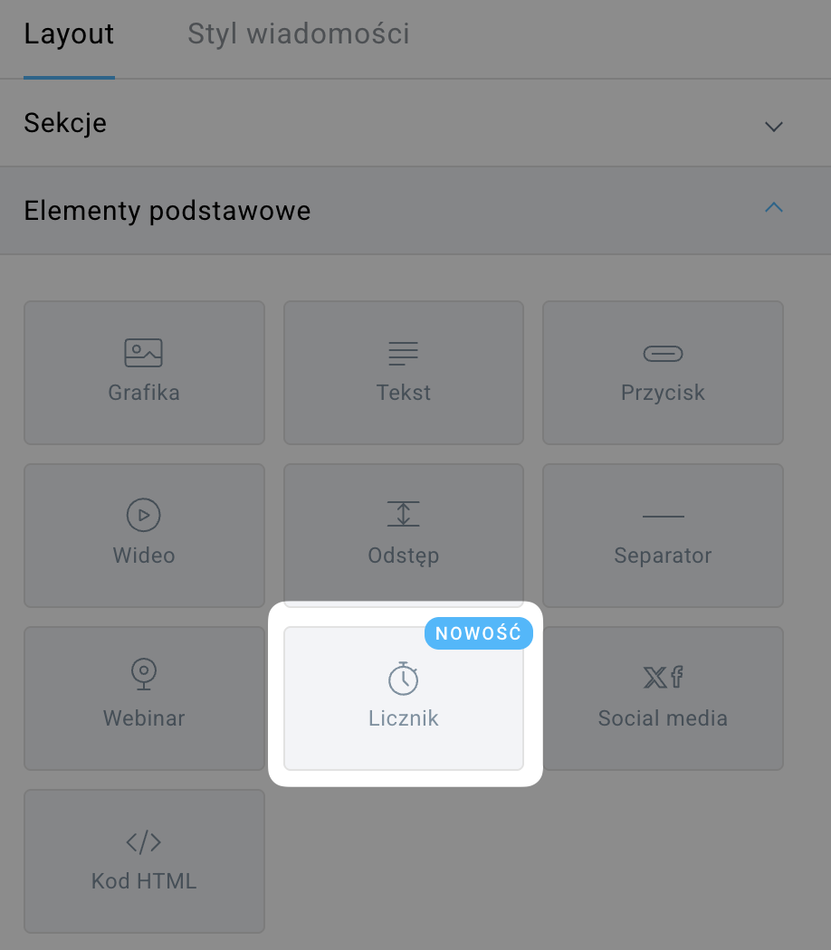 zaznaczony blok Licznik w edytorze wiadomości w GetResponse.
