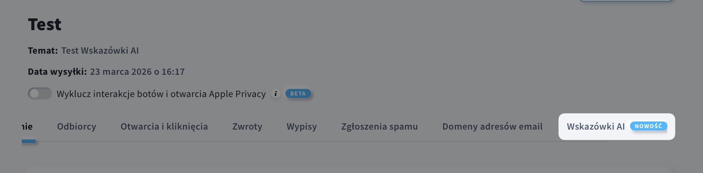 Sekcja Wskazówki AI w sekcji Raporty