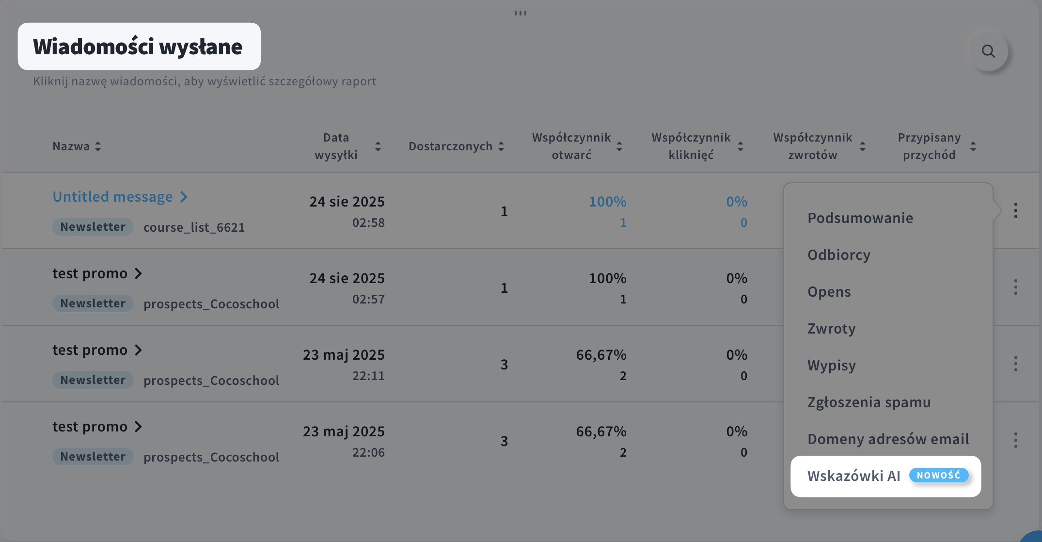 Sekcja Wskazówki AI w sekcji Raporty