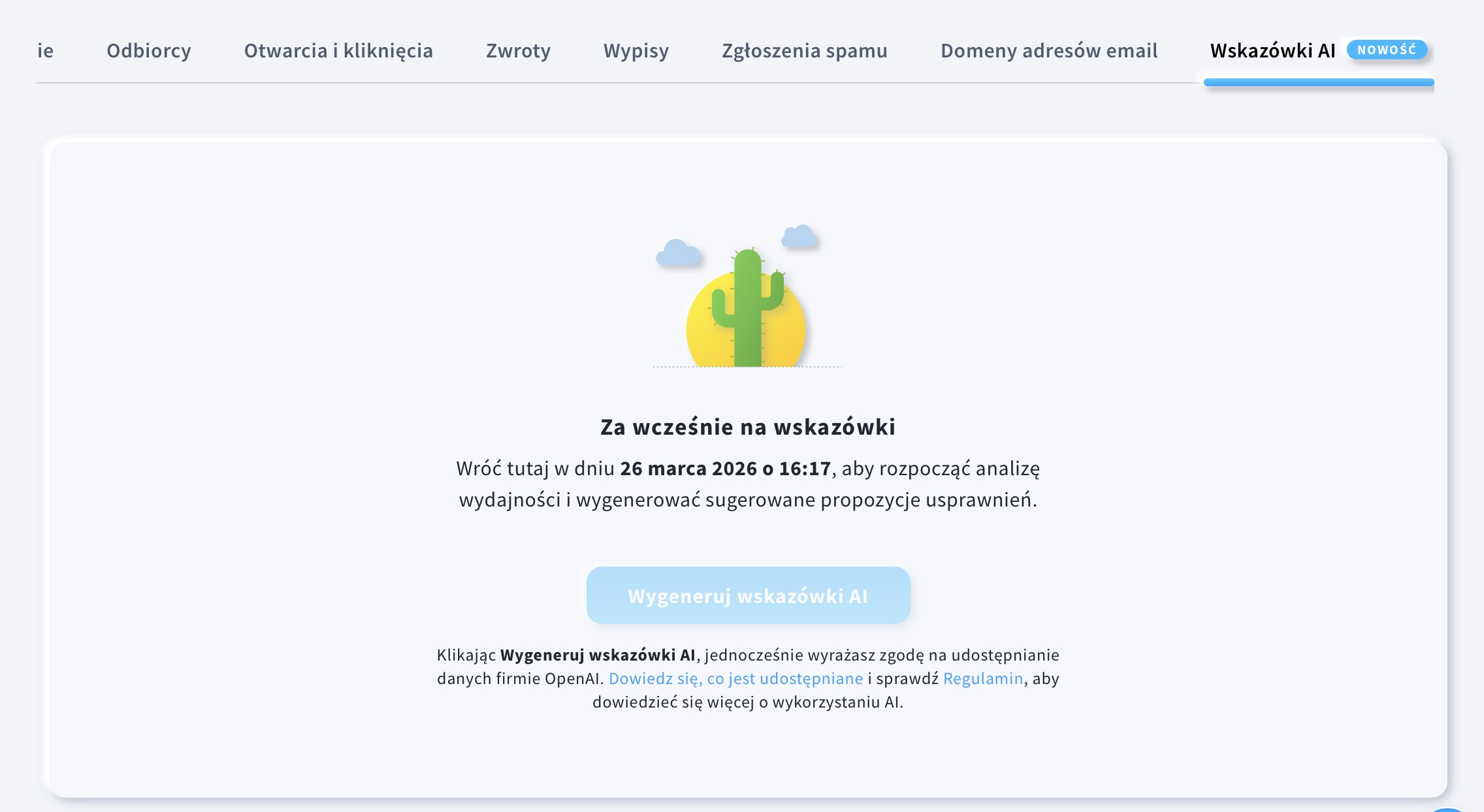 Widok ekranu wyświetlanego w momencie, gdy jest za wcześnie na generowanie wskazówek AI.