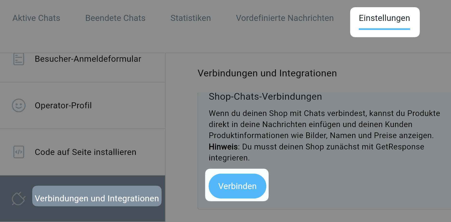 Produkteinstellungen in GetResponse‑Chats
