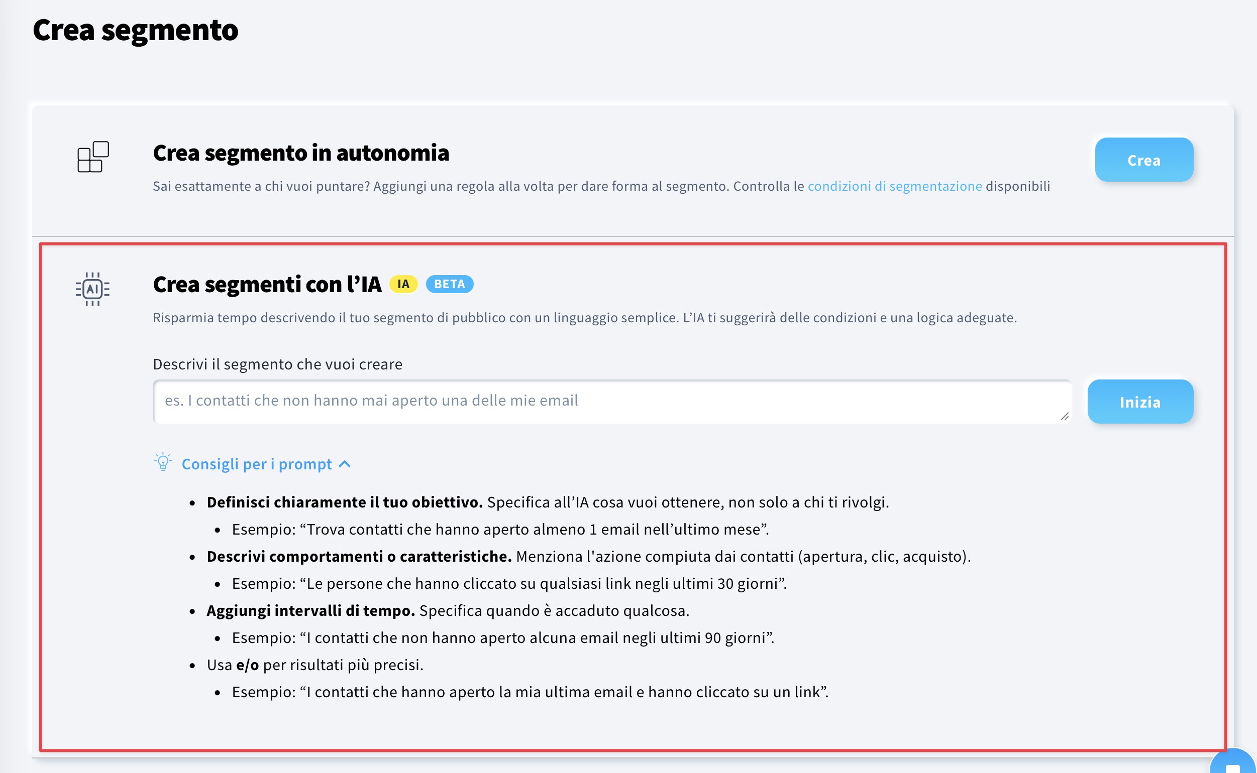 "Crea segmenti con l’IA” nel menu Segmenti (BETA).