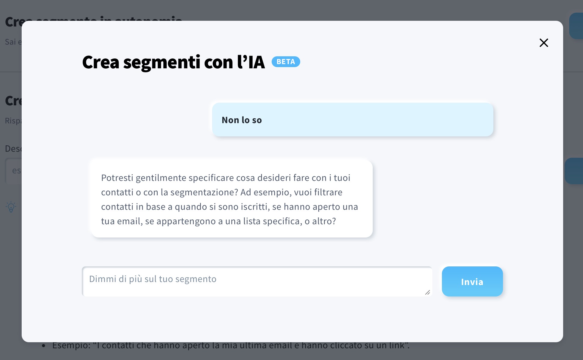 Un popup che viene visualizzato durante la creazione di un segmento con l’IA.