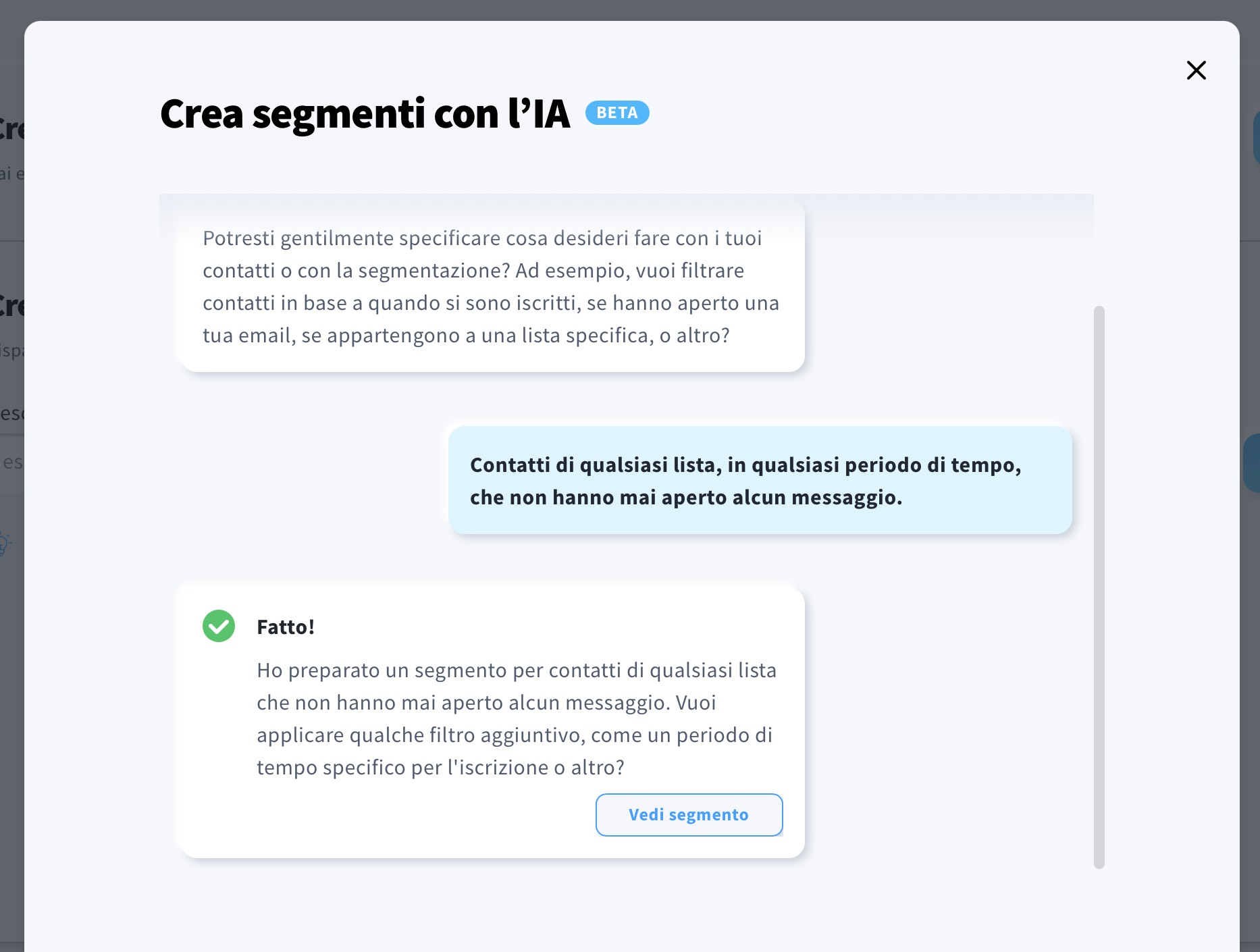 Un popup che viene visualizzato durante la creazione di un segmento con l’IA, mostrando il completamento della generazione del segmento.
