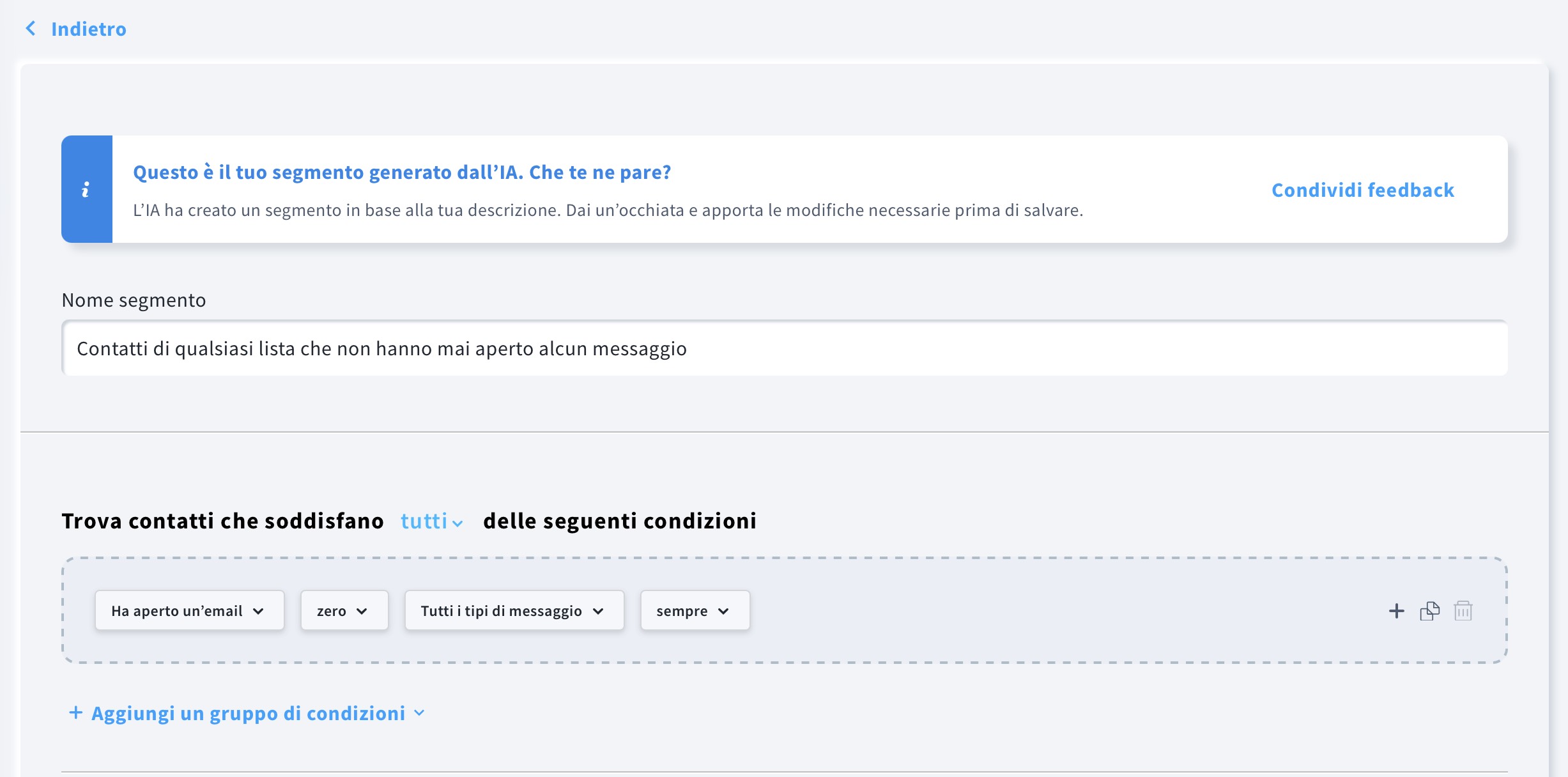 Una pagina di modifica del segmento che consente di adattare il nome del segmento e la logica delle condizioni.