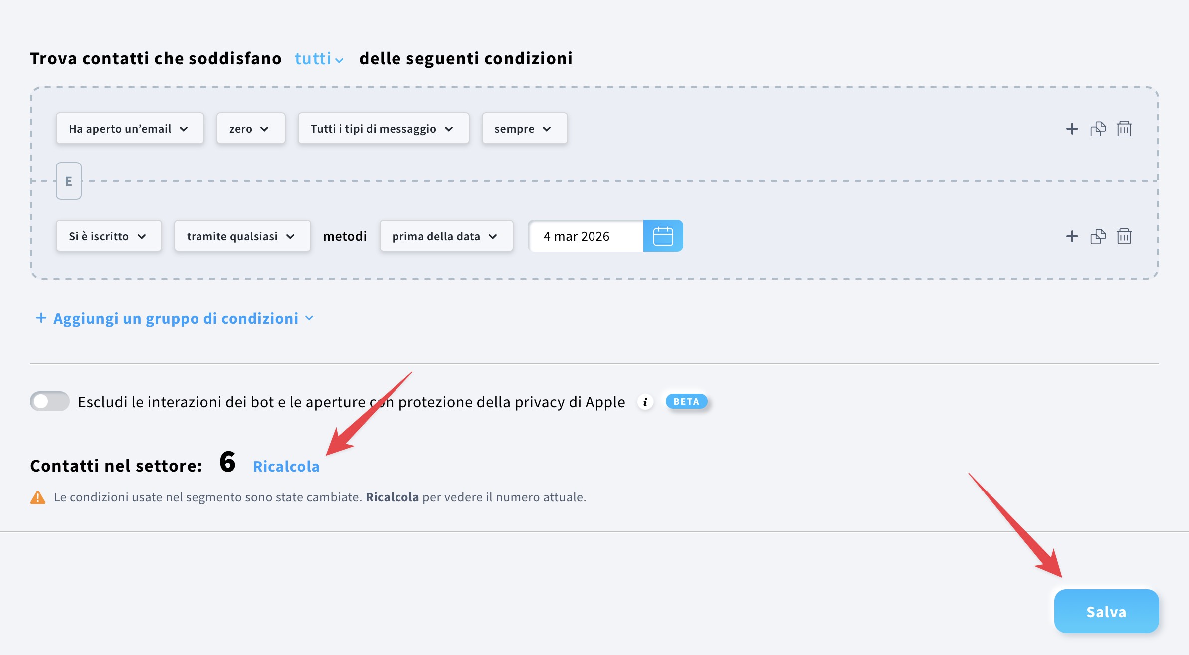 I bottoni “salva” e “ricalcola” nella pagina delle impostazioni del segmento.