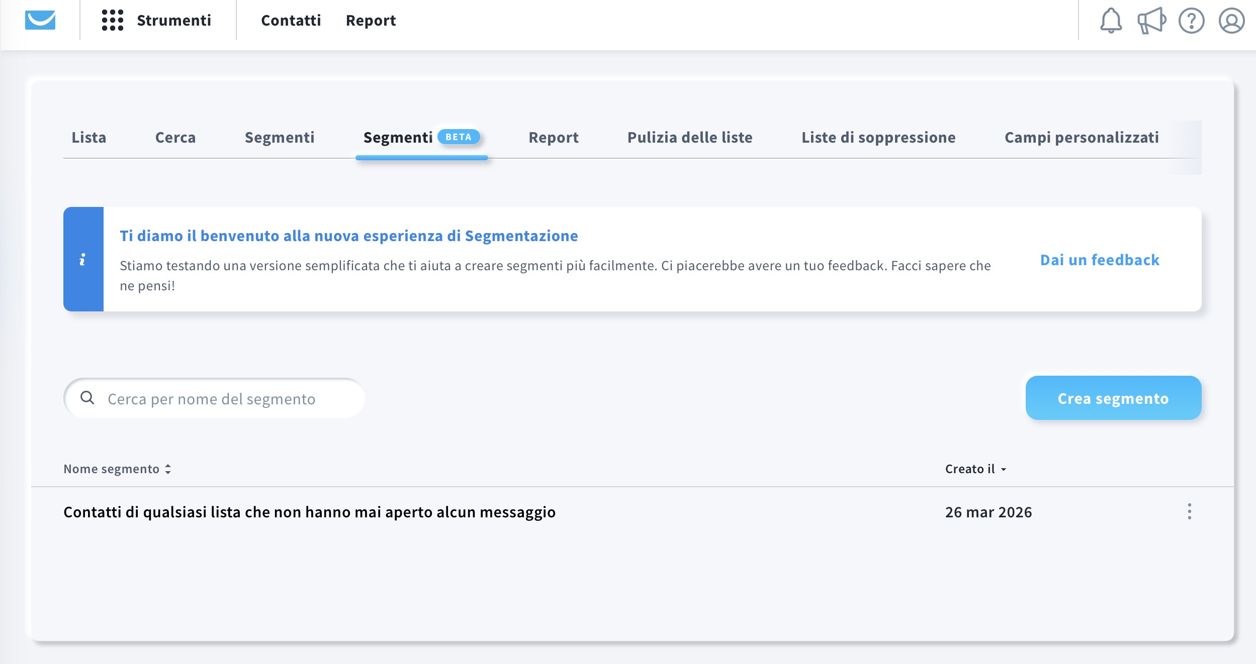 Vista Gestisci segmenti (BETA) dopo la creazione riuscita di un segmento AI.