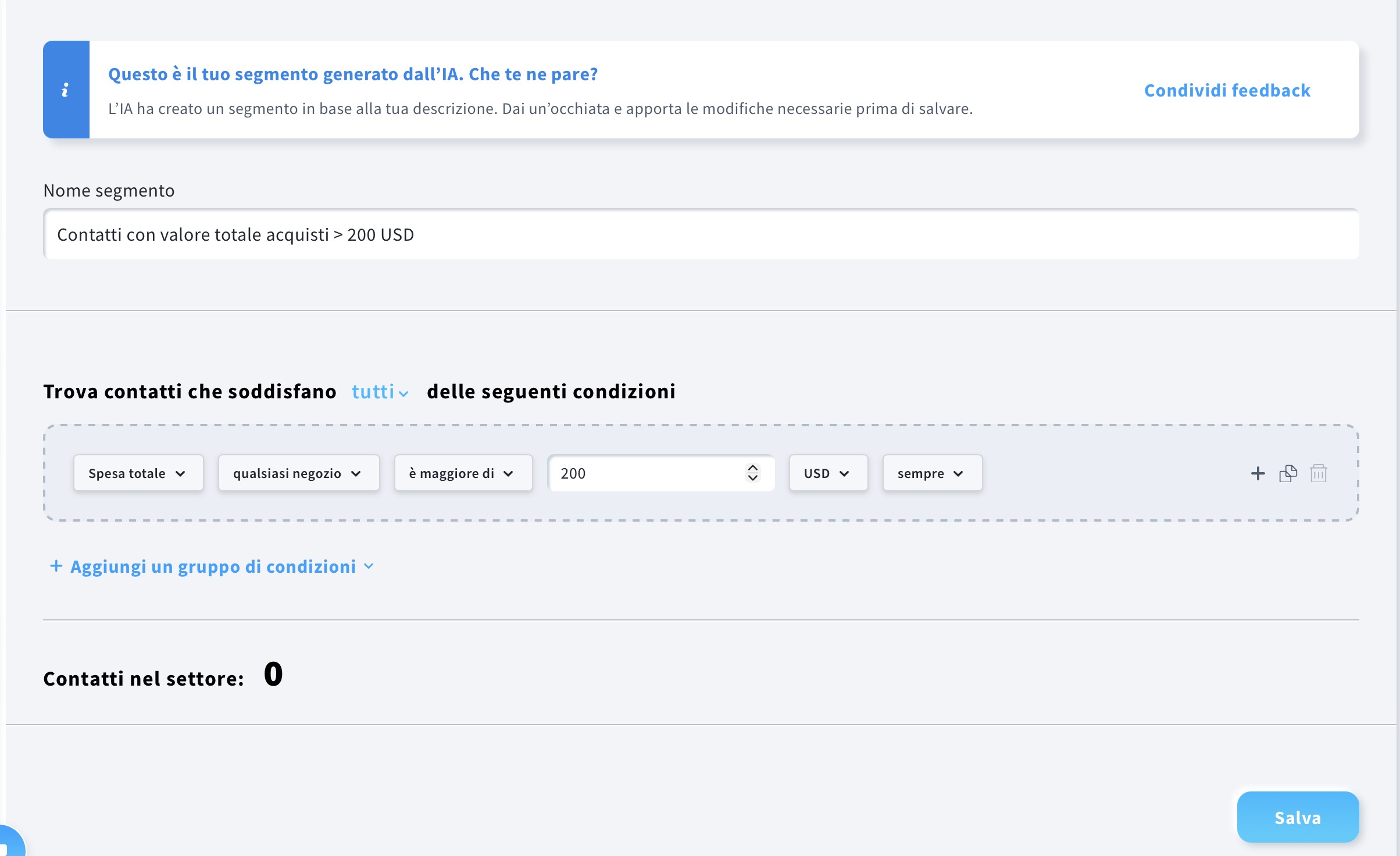 Un segmento di contatti il cui valore totale degli acquisti è superiore a 200 dollari.