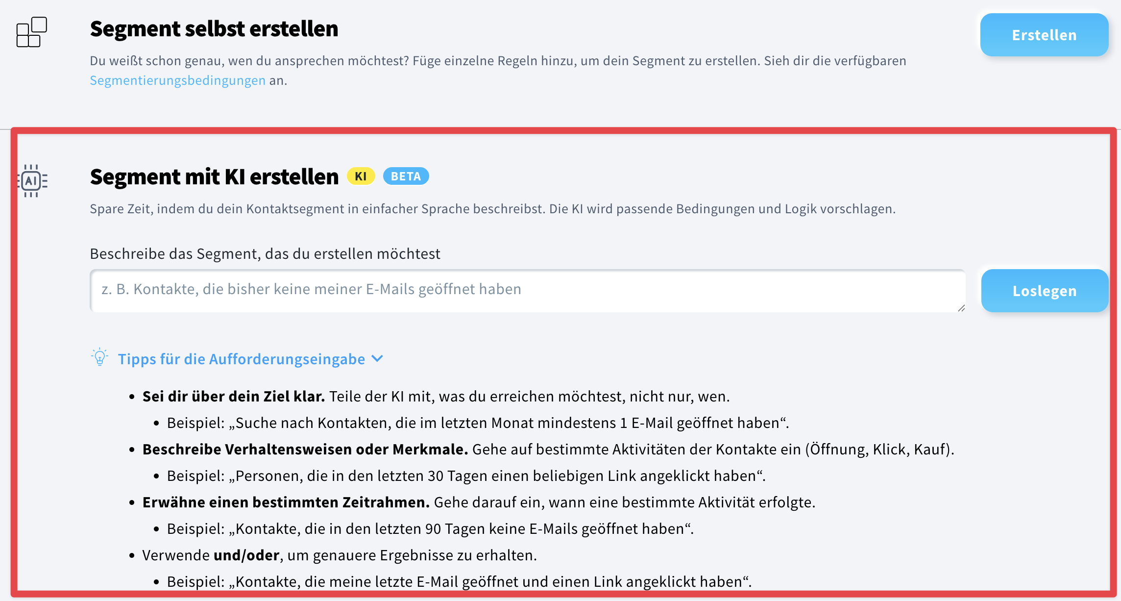 Die Option Segmente mit KI erstellen im Menü Segmente (BETA).