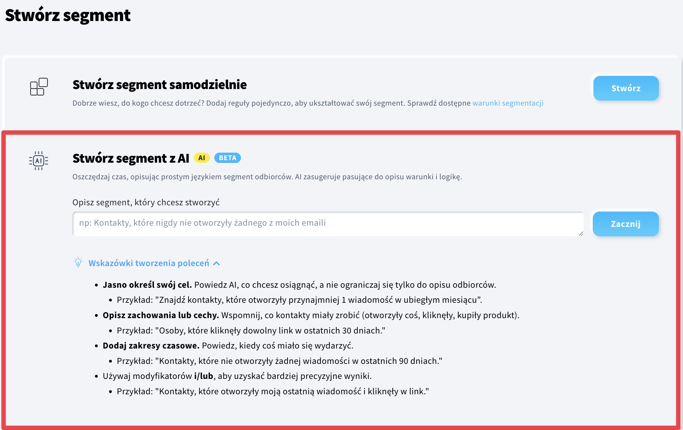 Opcja "Stwórz segment z AI" w menu segmenty (BETA).