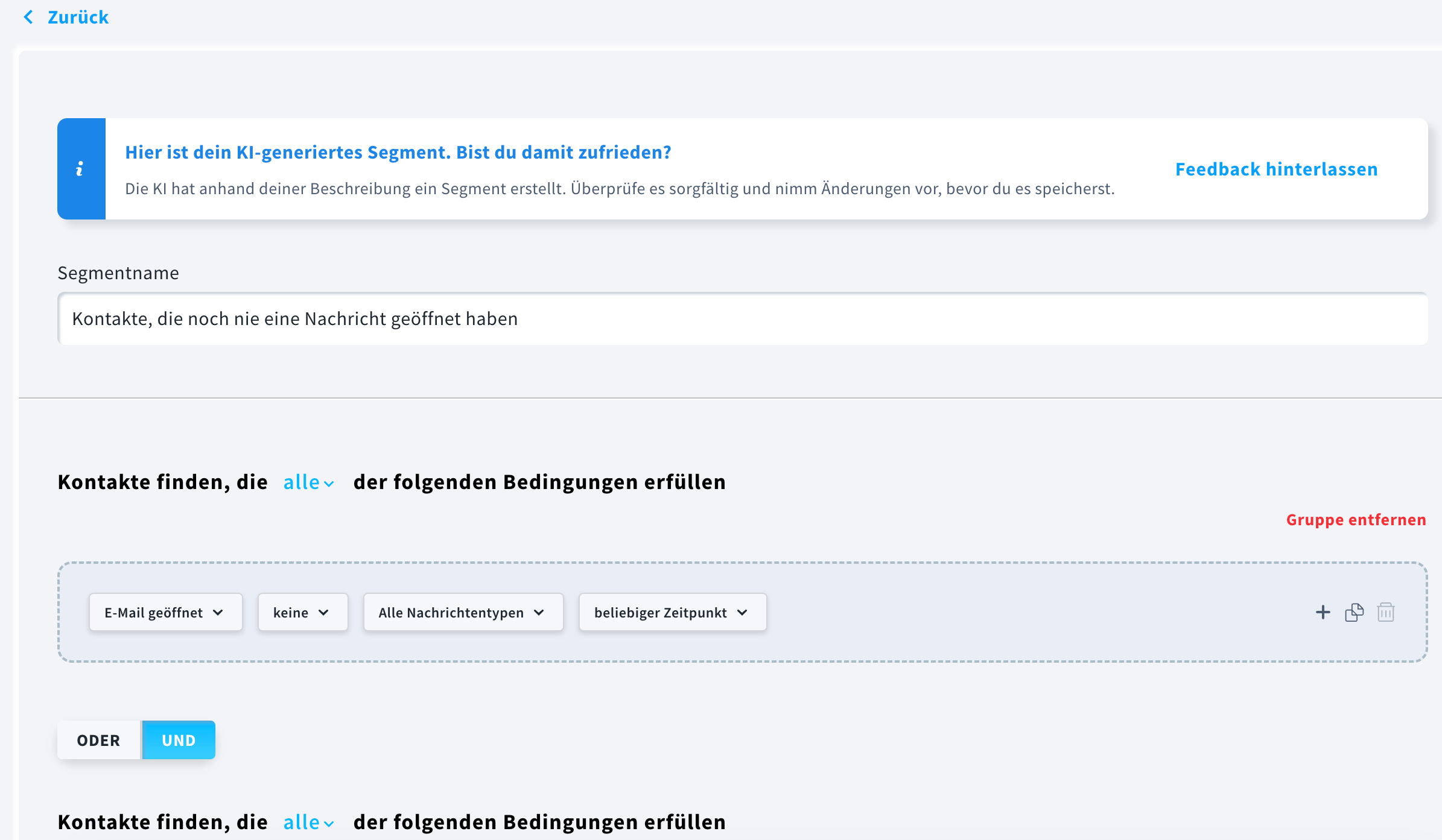 Eine Segmentbearbeitungsseite, auf der Sie den Segmentnamen und die Bedingungslogik anpassen können