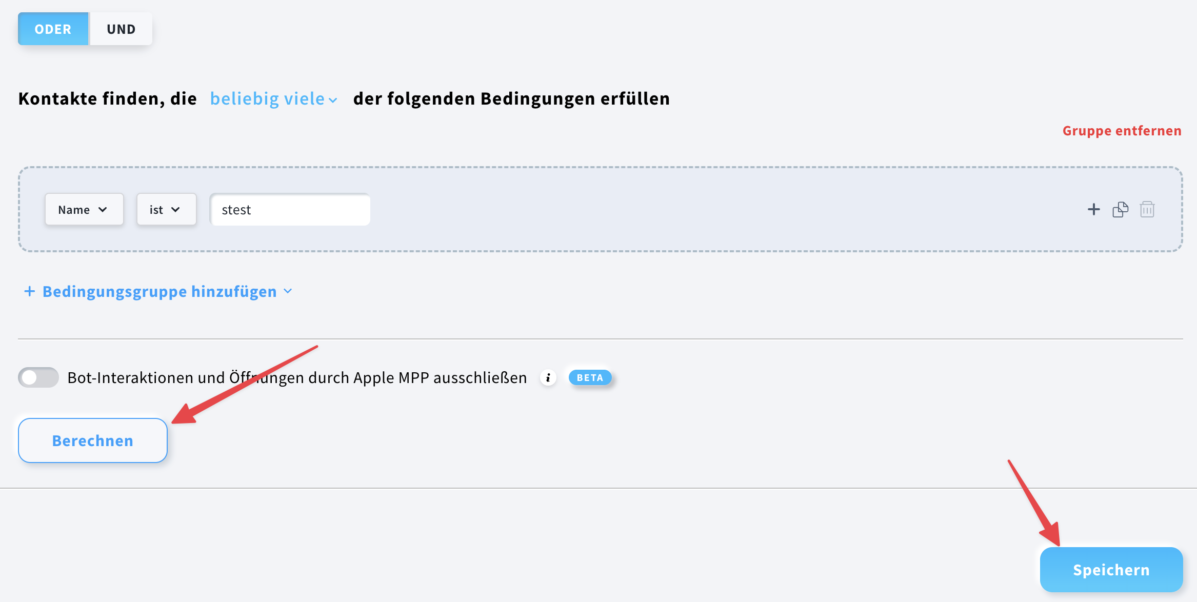 Die Schaltflächen „Speichern“ und „Berechnen“ auf der Segment‑Einstellungsseite