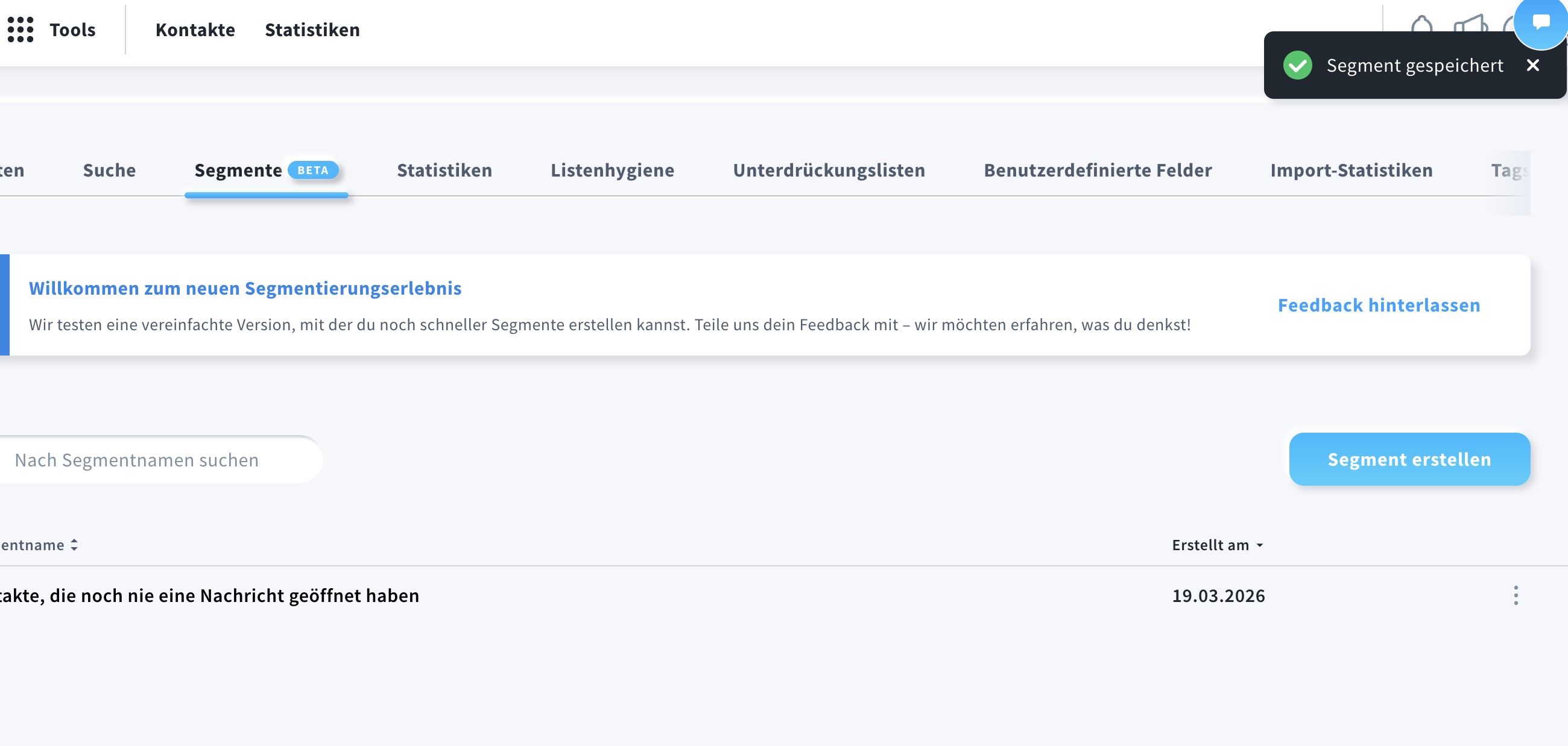 Ansicht Segmente verwalten (BETA) nach erfolgreicher Erstellung eines KI‑Segments