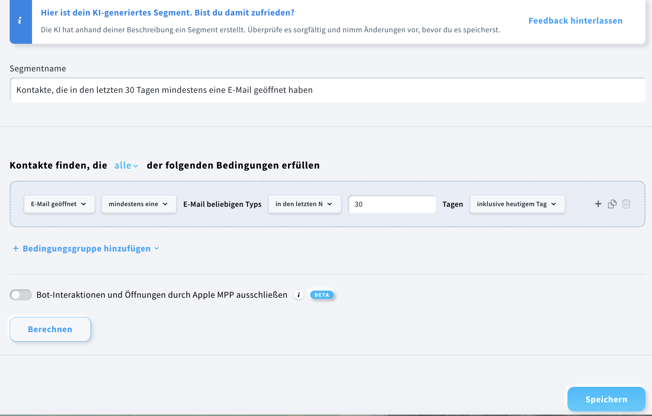 Segment mit Kontakten, die in den letzten 30 Tagen mindestens eine E‑Mail geöffnet haben