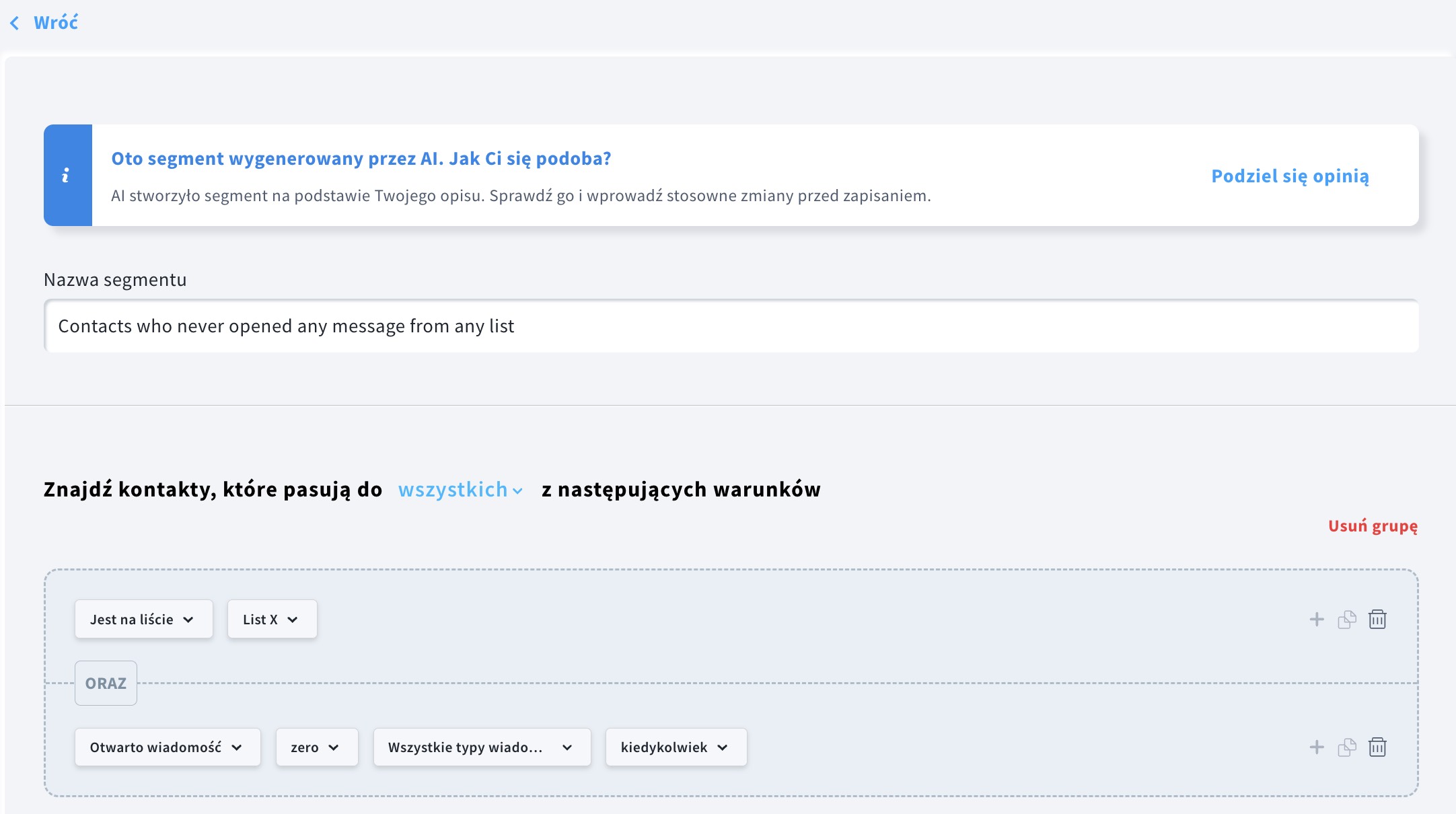 Strona ustawień segmentu umożliwiająca zmianę nazwy segmentu i logiki warunków.