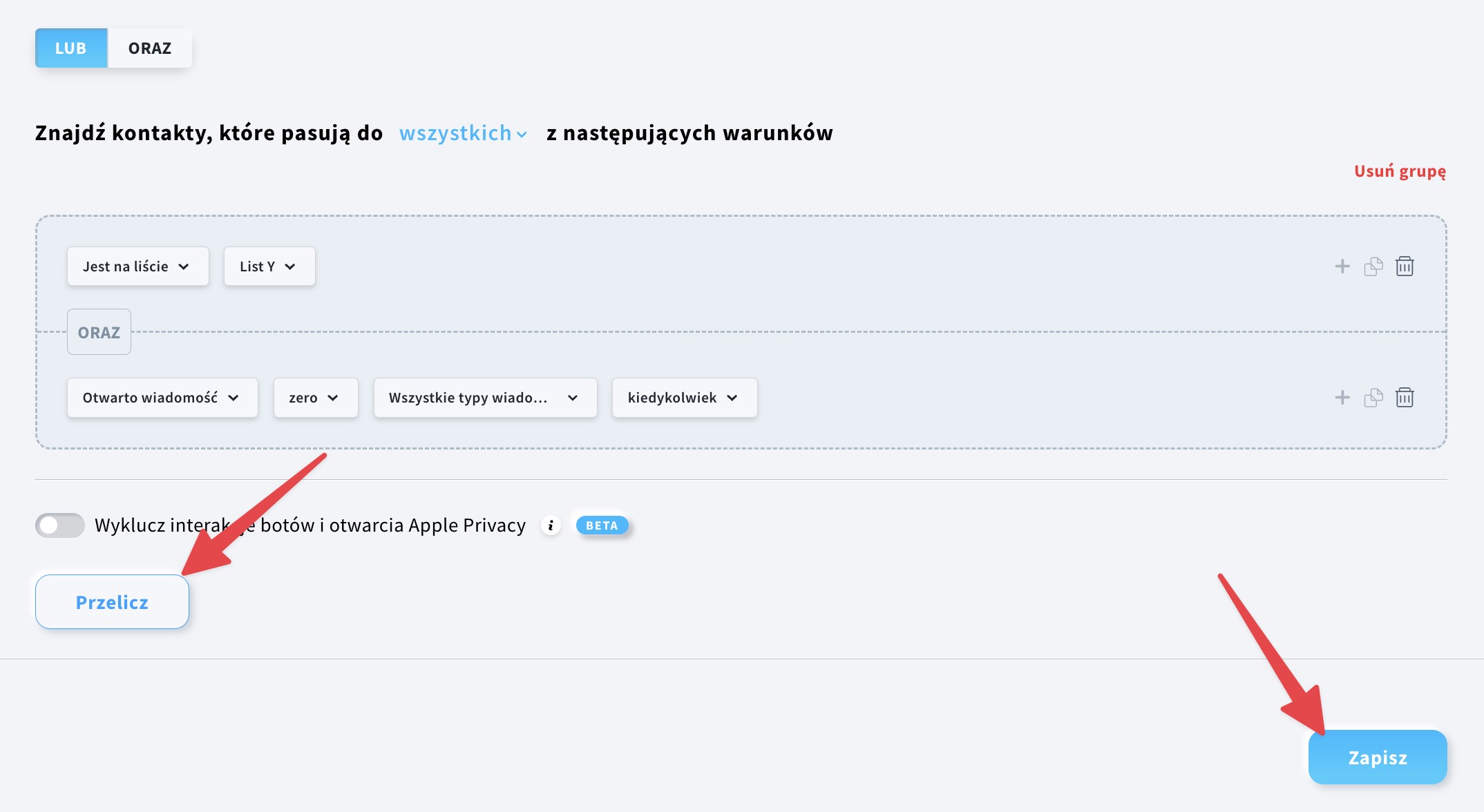 Przyciski „Zapisz” i „Przelicz” na stronie ustawień segmentu.