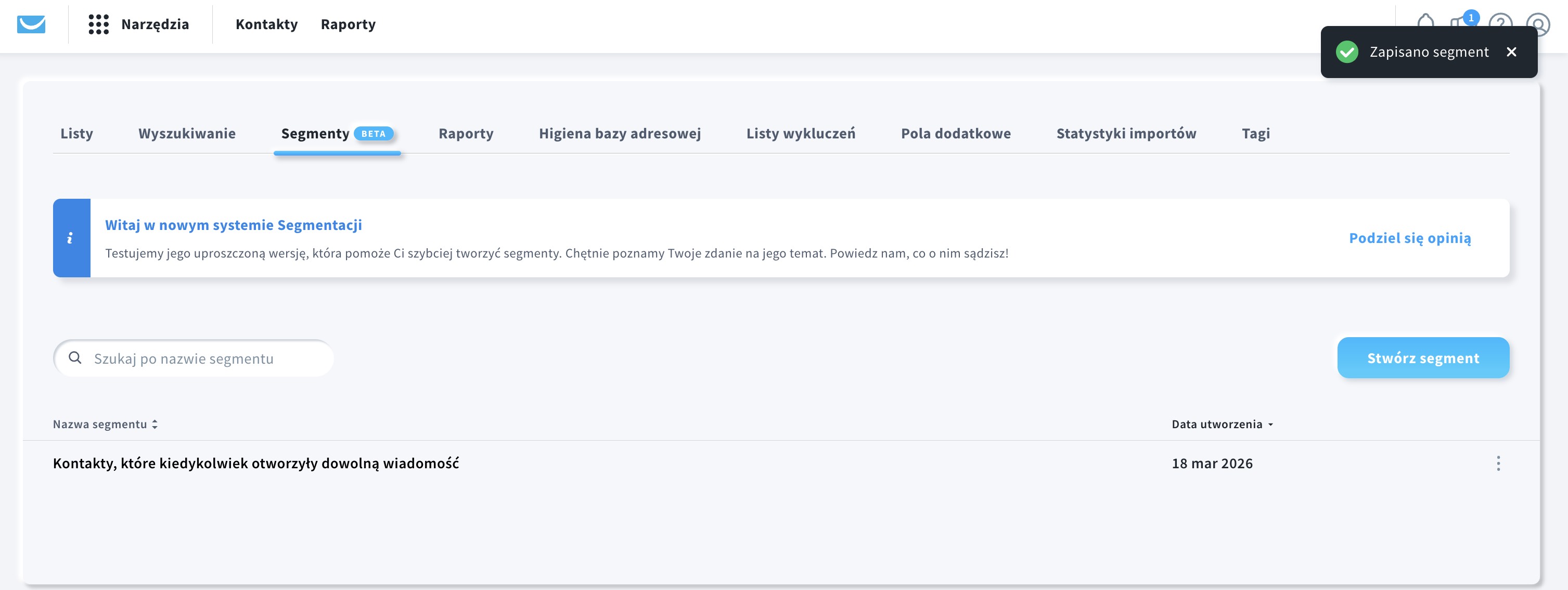 Widok Zarządzania Segmentami (BETA) po pomyślnym utworzeniu segmentu AI.
