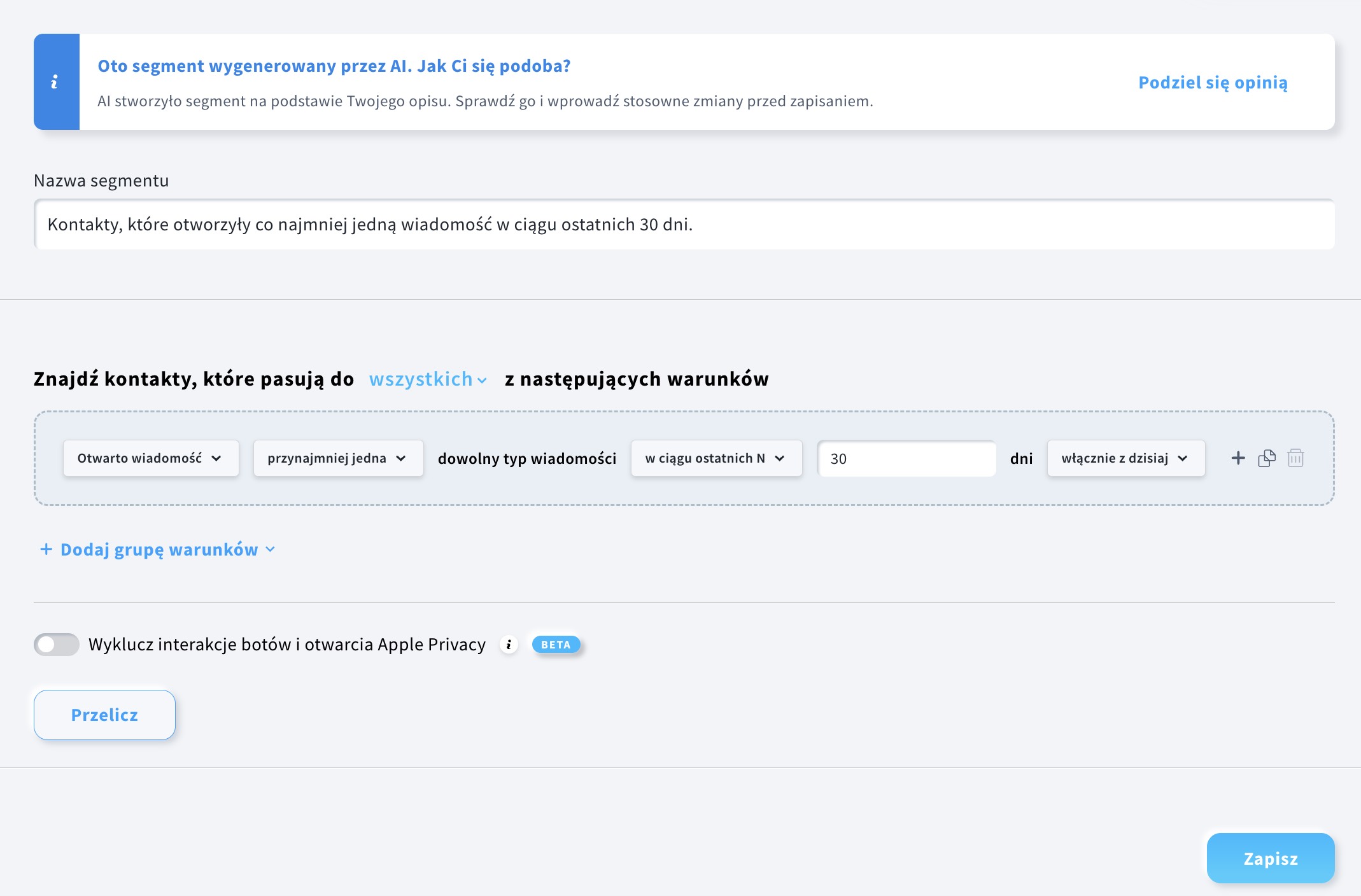Segment kontaktów, które otworzyły co najmniej jedną wiadomość w ciągu ostatnich 30 dni.