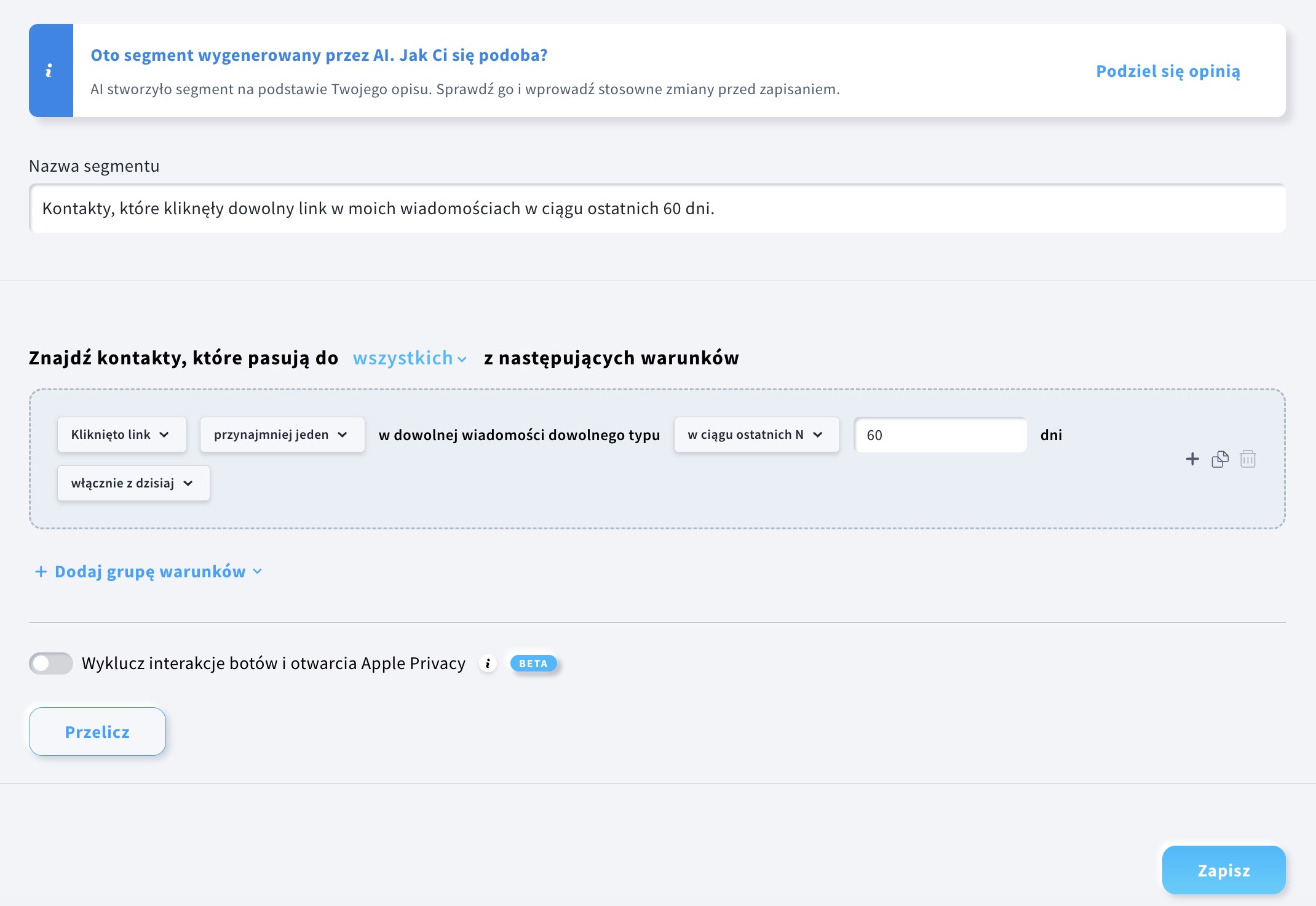 Segment kontaktów, które kliknęły dowolny link w moich wiadomościach w ciągu ostatnich 60 dni.