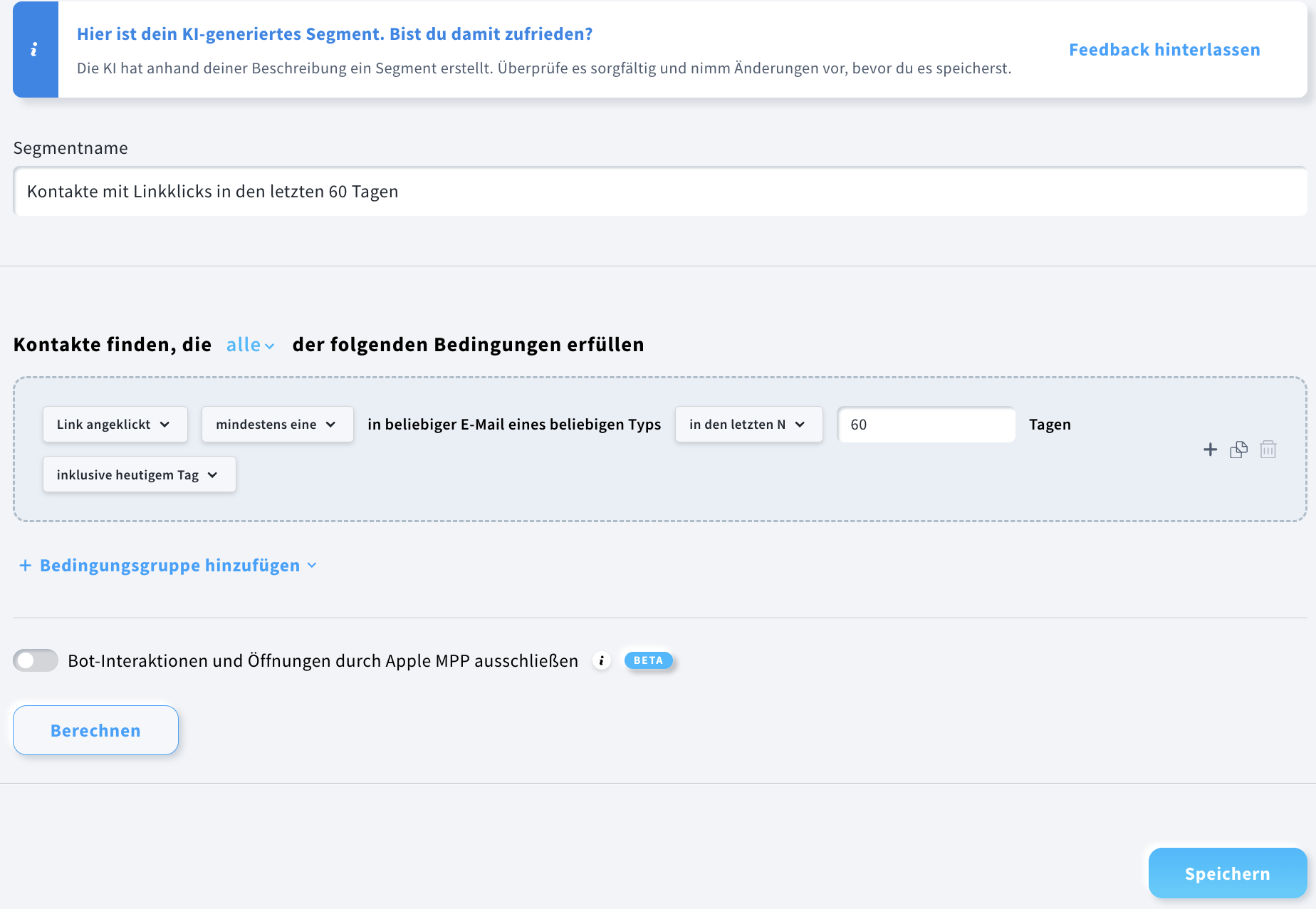 Ein Segment von Kontakten, die in den letzten 60 Tagen auf einen beliebigen Link in einer meiner E‑Mails geklickt haben