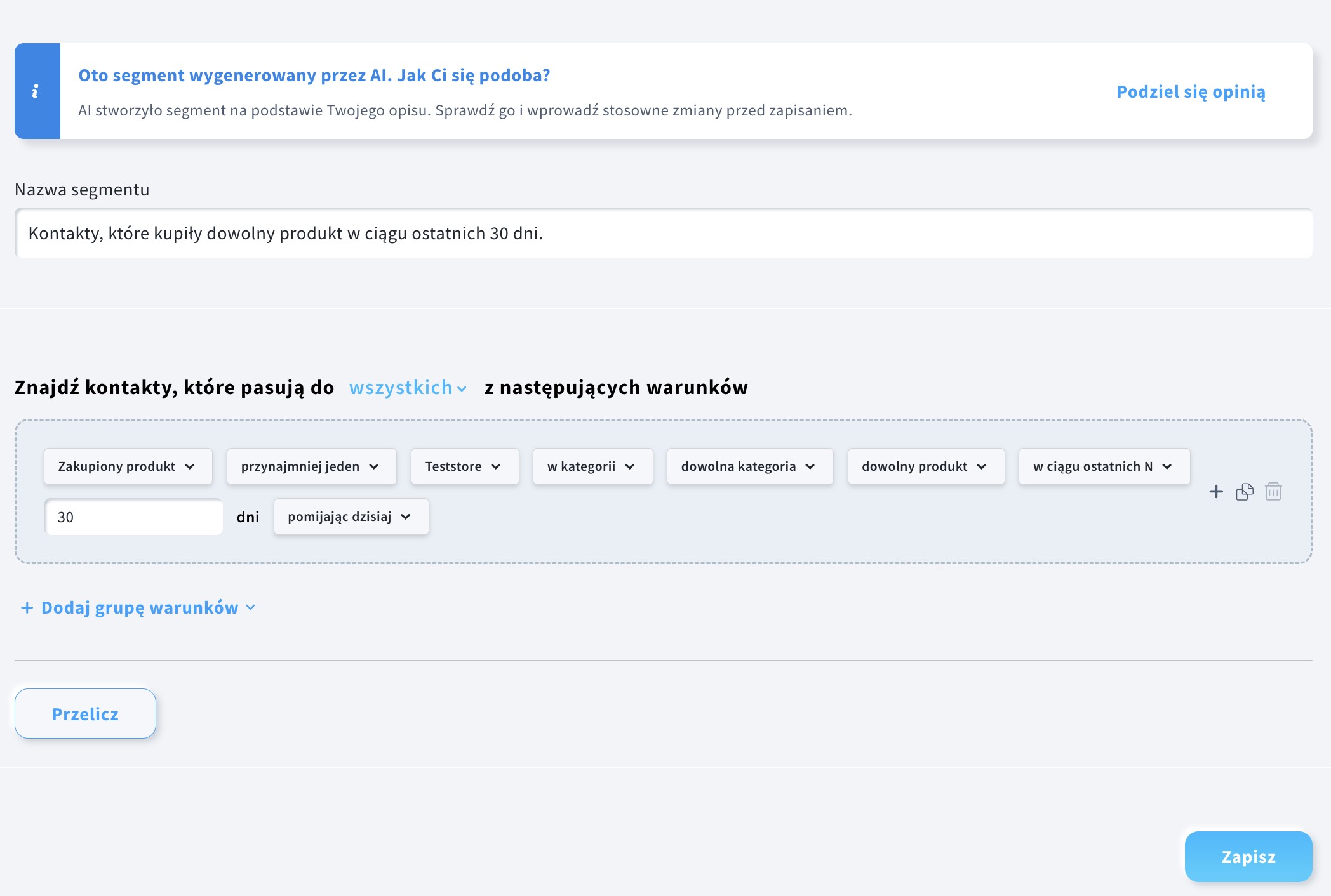 Segment kontaktów, które kupiły dowolny produkt w ciągu ostatnich 30 dni.