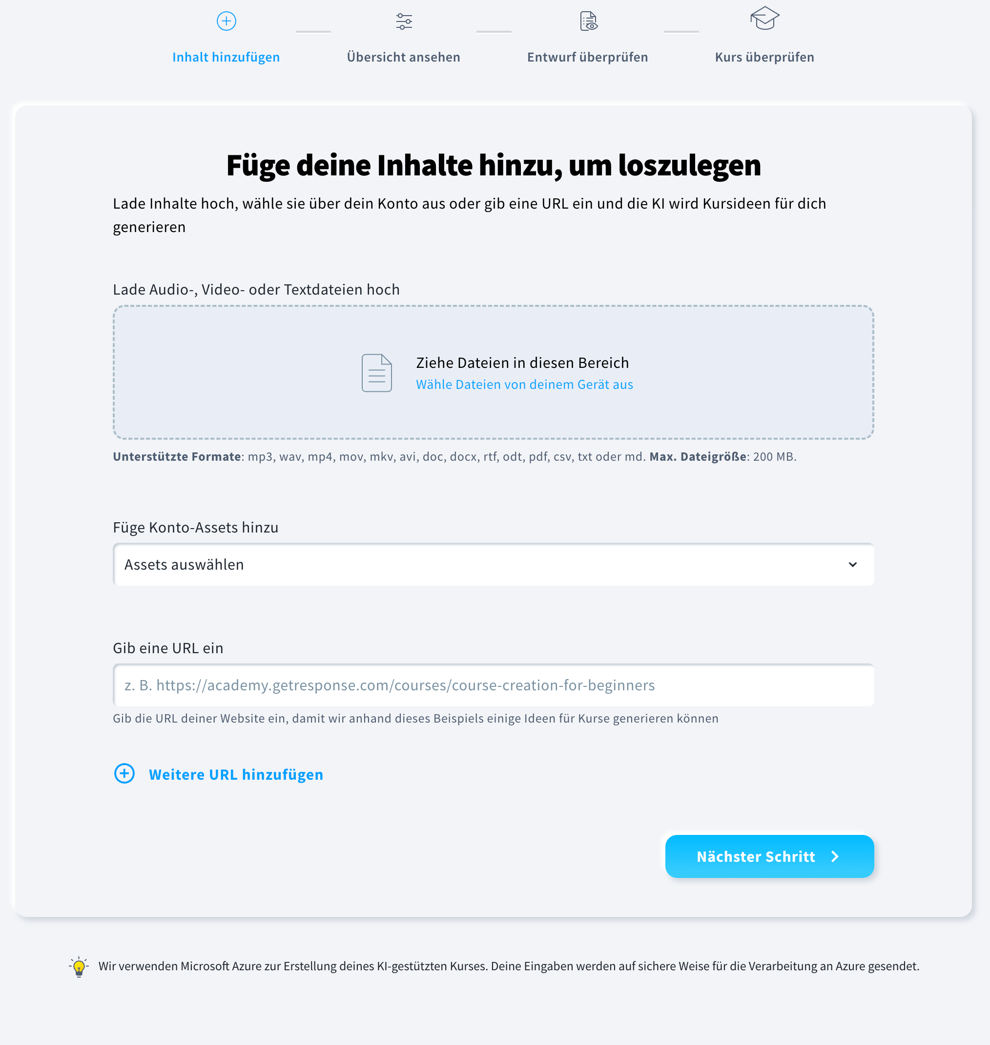 Übersicht über den Abschnitt Inhalte hinzufügen im KI‑Kurs‑Assistenten