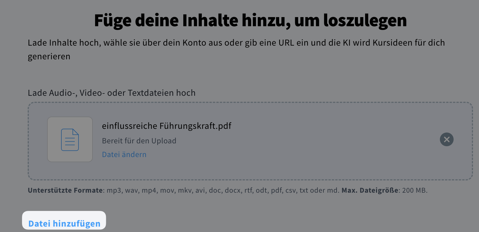 Schaltfläche Datei hinzufügen, um weitere Dateien hinzuzufügen
