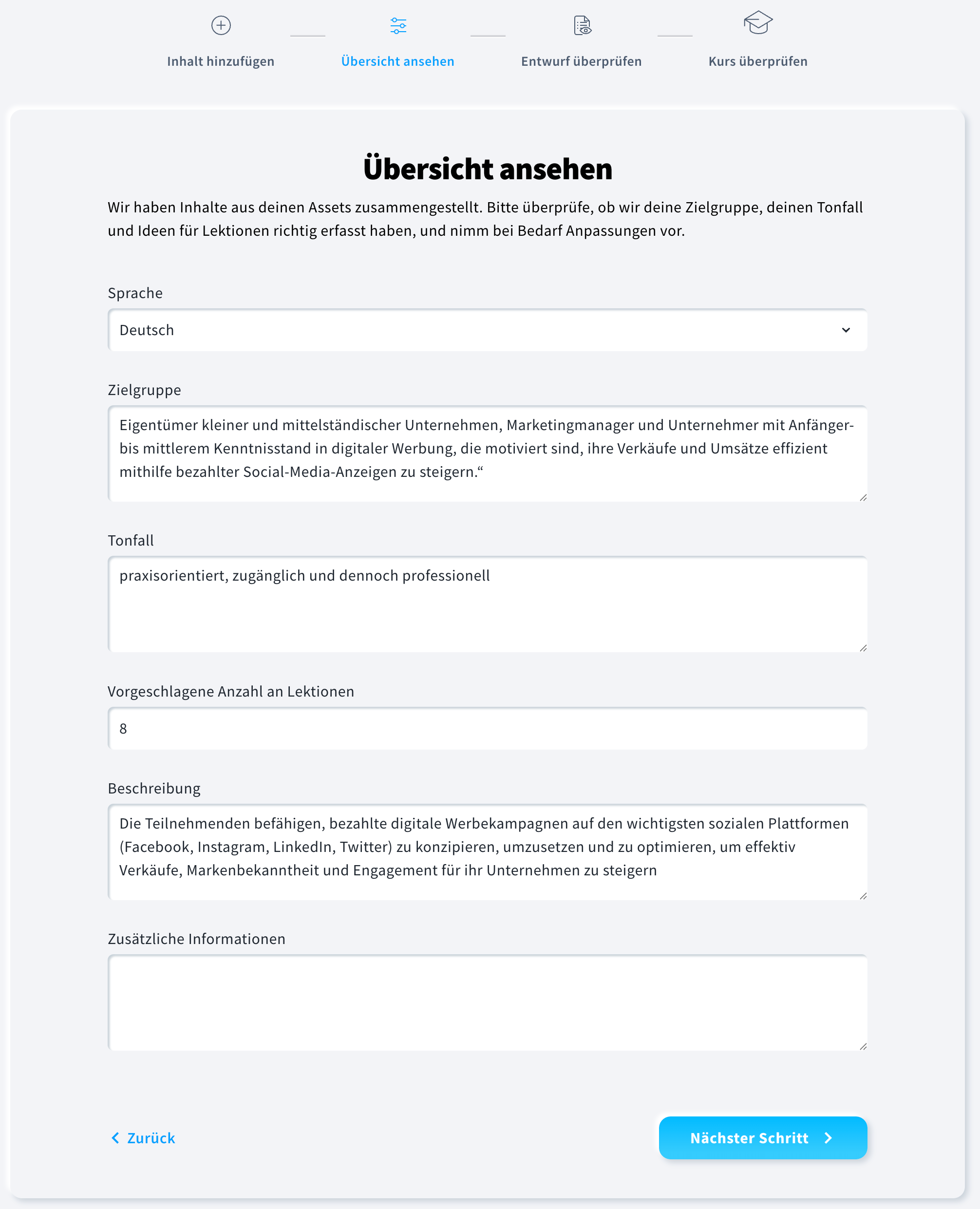 Überblick zum Übersicht ansehen im KI‑Kurs‑Assistenten