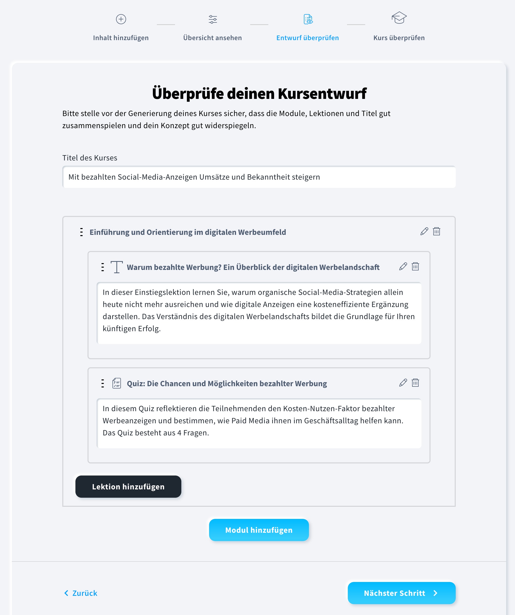 Überblick über den Abschnitt Entwurf überprüfen im KI‑Kurs‑Assistenten