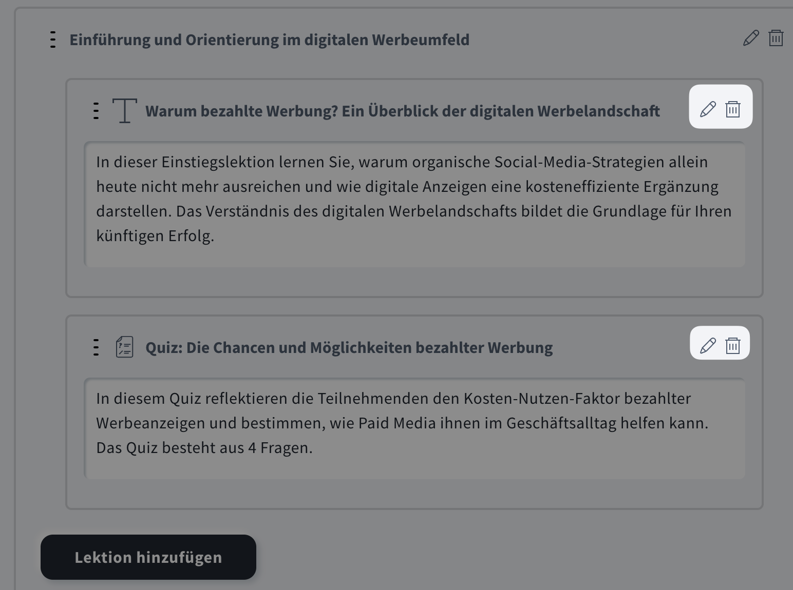 Wie man eine Lektion bearbeitet oder entfernt